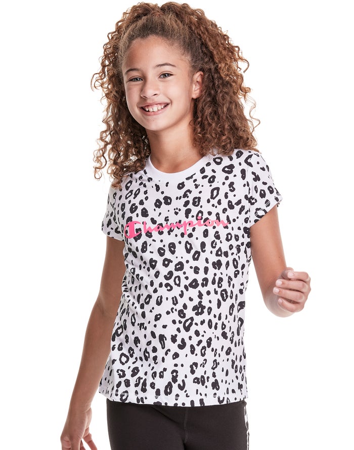 Champion Girls T-Shirt NZ - Classic Graphic Leopard Print White ( 3820-VOQNJ )